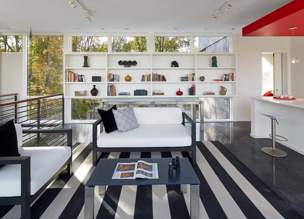 Black and white interiors with surprising pops of colors.
